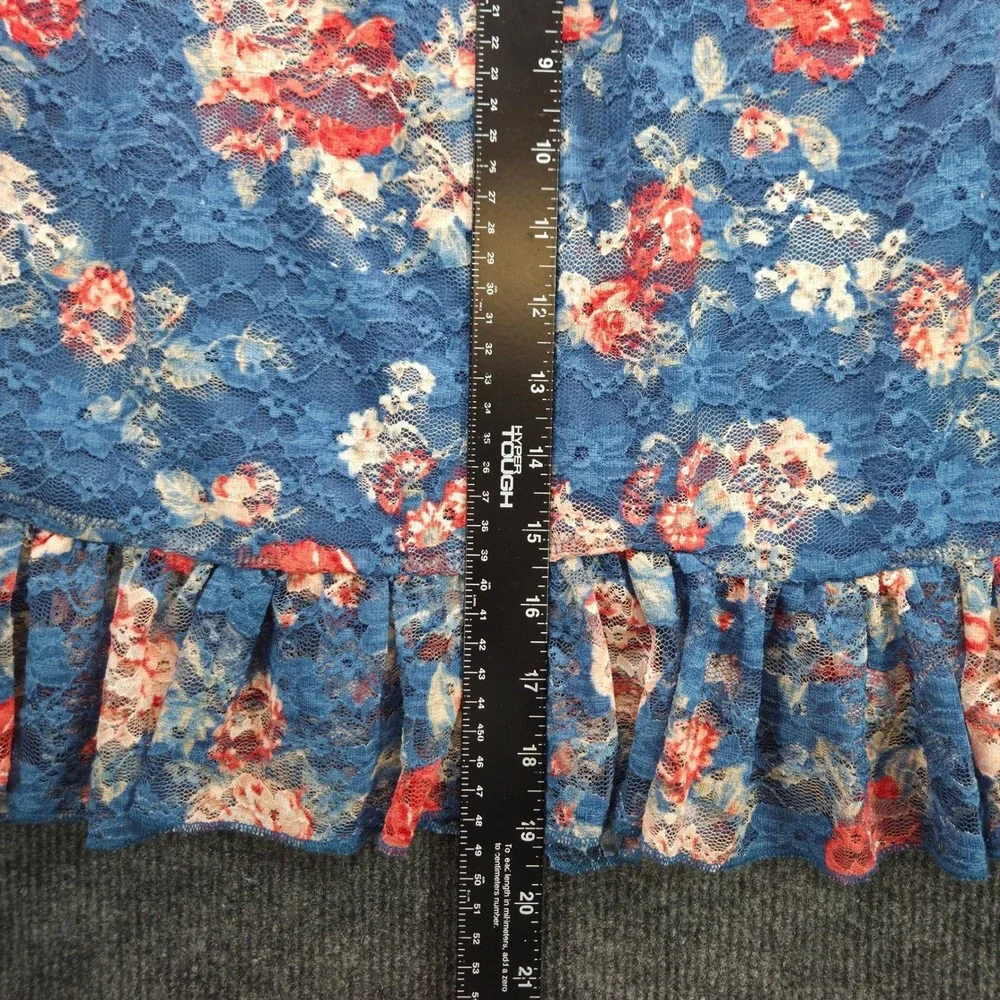 Almost Famous Womens Medium Blue Floral Lace Ruffle Bell Sleeve‎ Boho Peplum Top